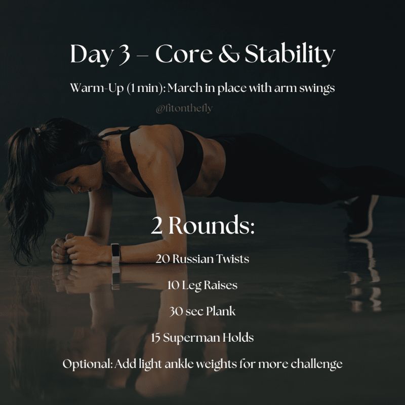 Day 3 core and stability 10-minute workout for busy women – Russian twists, planks, leg raises, superman holds