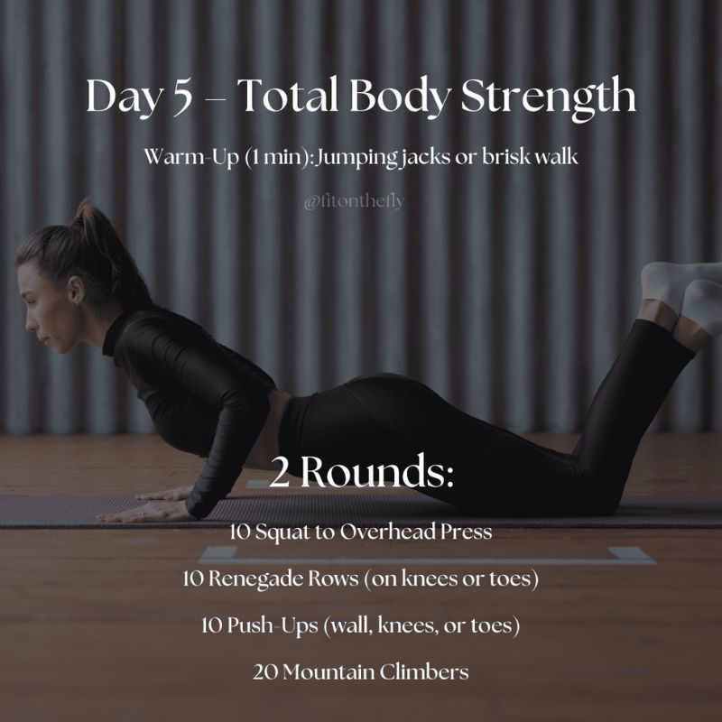 Day 5 total body strength workout for busy women – push-ups, mountain climbers, and full-body training in 10 minutes