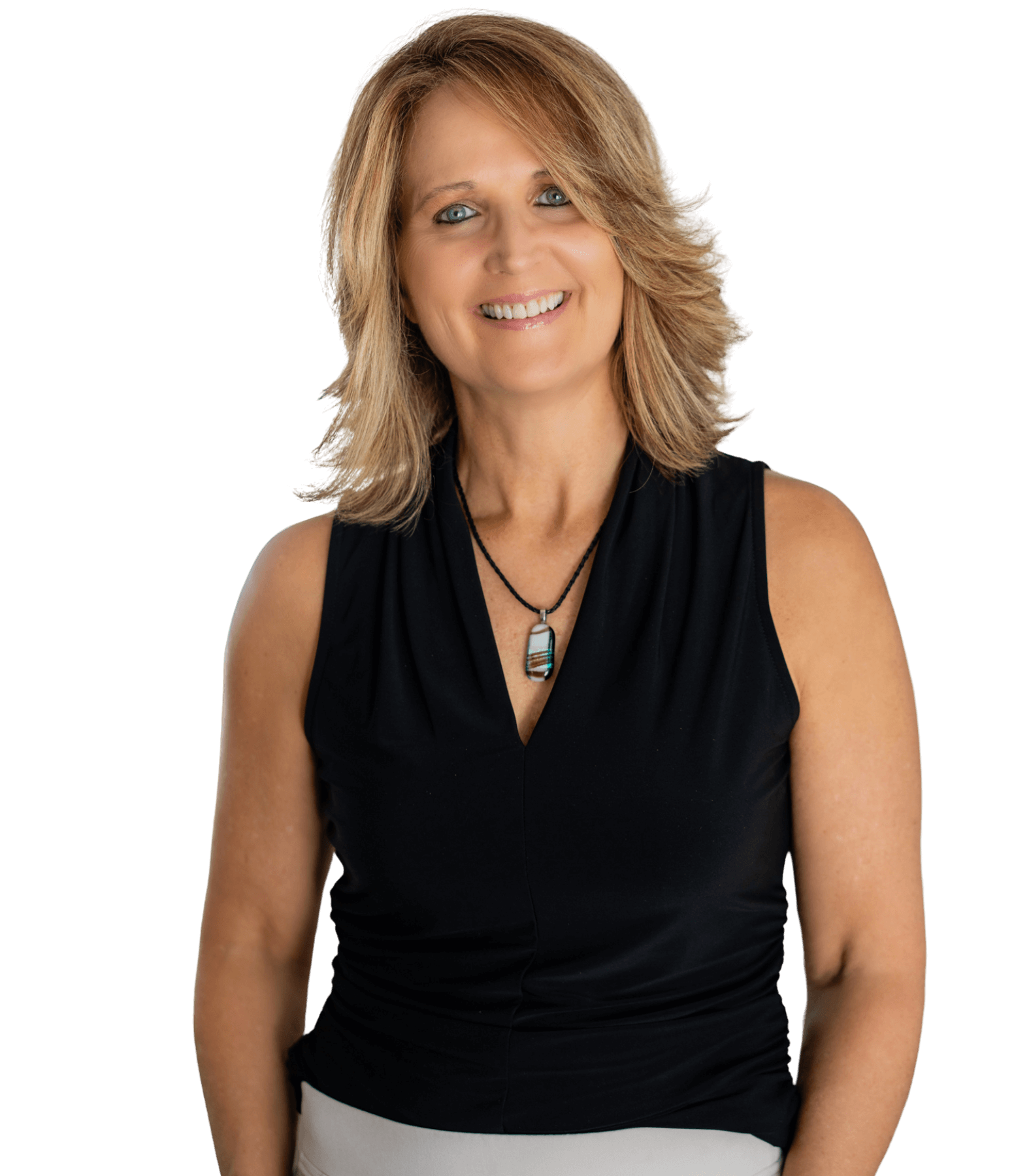 Smiling woman in black sleeveless top.