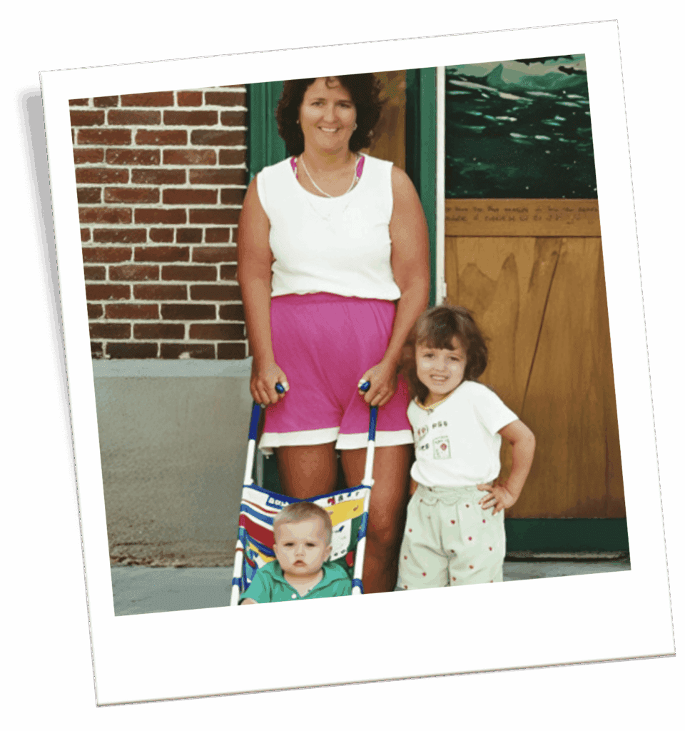 Woman standing outside with two young children, one in a stroller, representing an earlier chapter of her personal health journey