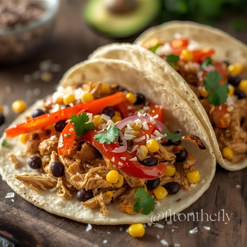 Chicken and vegetable tacos with peppers and avocado, part of a Mexican-inspired meal plan.