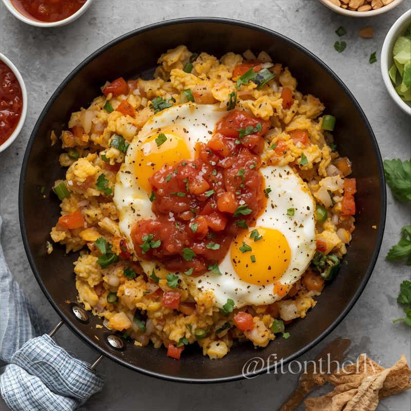 Southwest fried rice with brown rice, egg, and vegetables for a healthy weight loss meal.