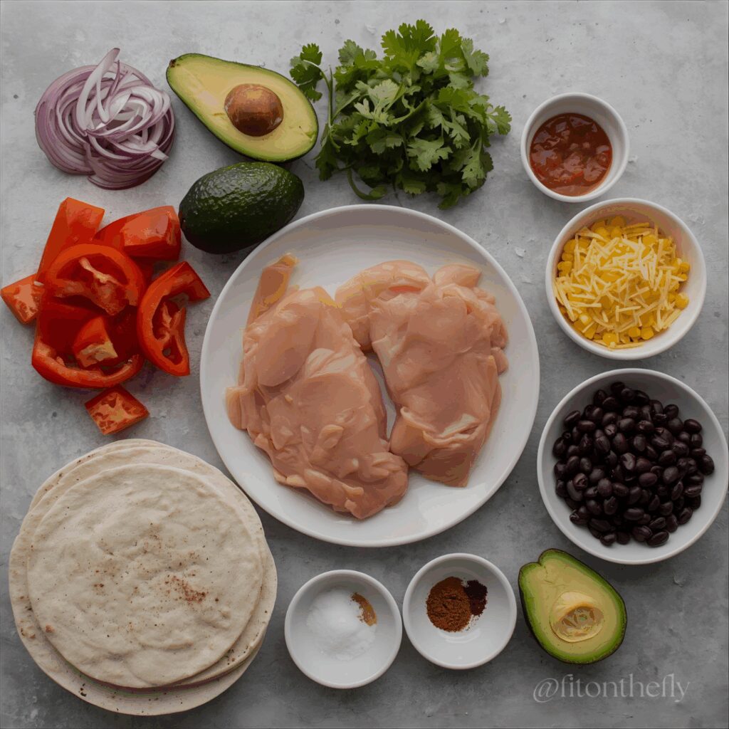 Healthy Mexican-inspired meal plan ingredients including vegetables, beans, and spices for weight loss recipes.