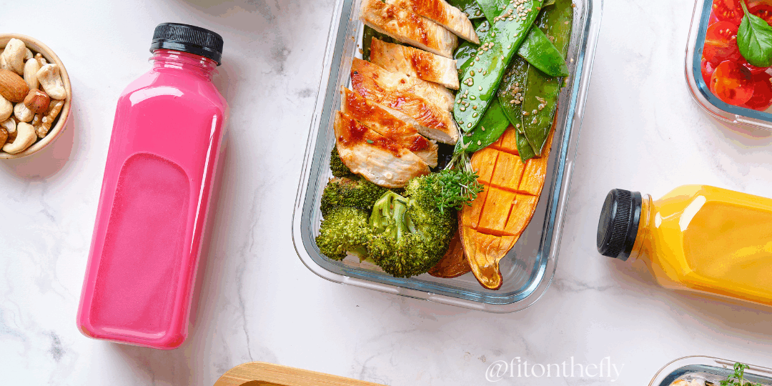 Colorful meal prep with drinks and snacks.