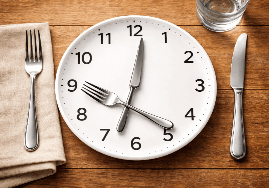 White dinner plate designed as a clock with a fork and knife as clock hands on a wooden table, symbolizing intermittent fasting and meal timing.